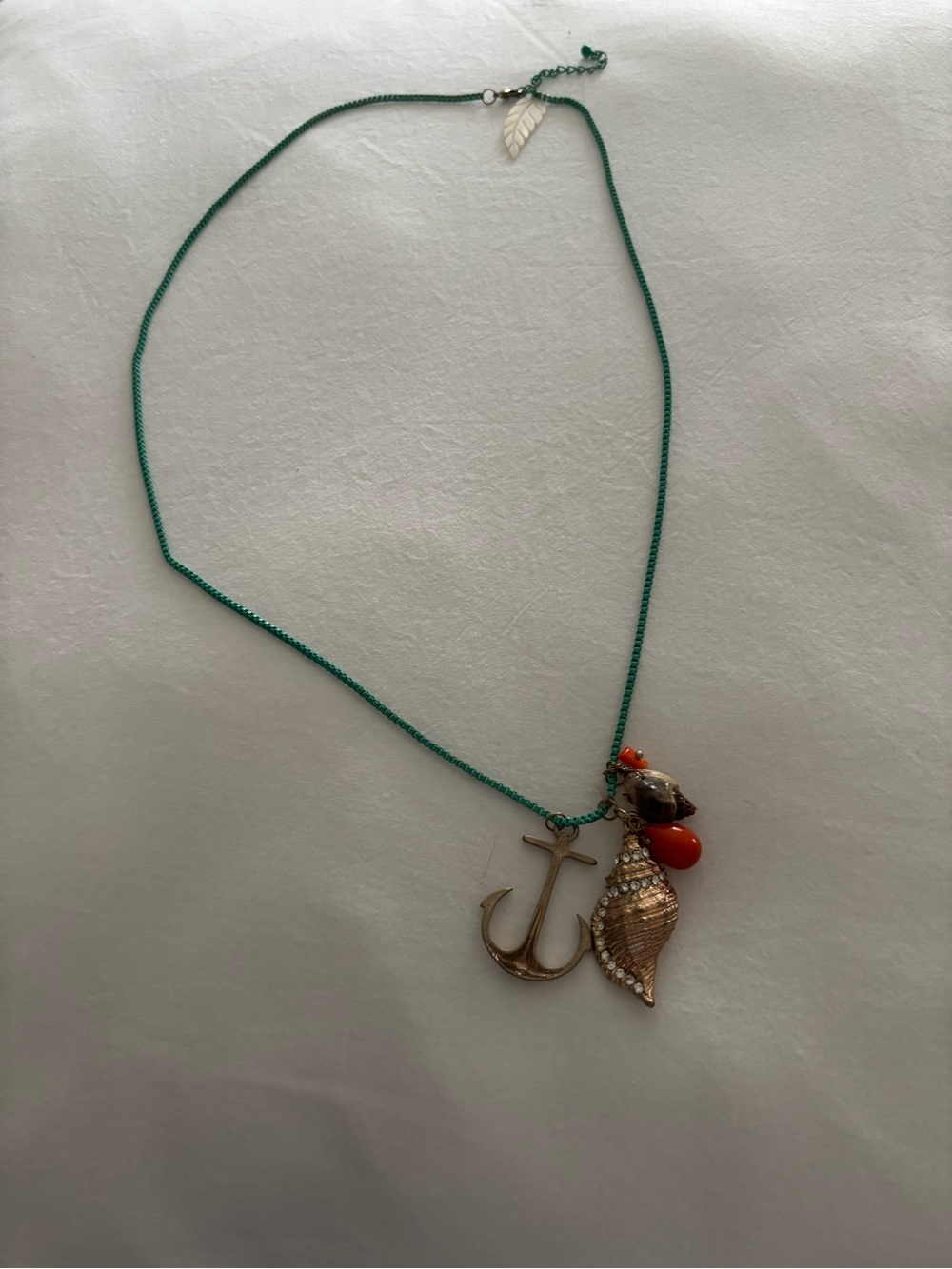 Gold Anchor & Shell Pendant Necklace with Teal Cord